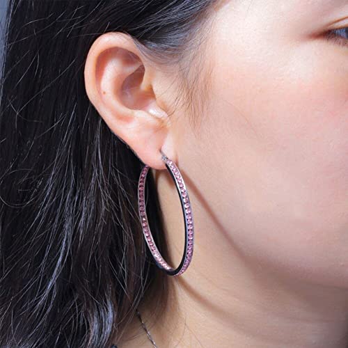 925 Sterling Silver Earrings Large Rhinestone Hoop Earrings Big Cubic Zirconia Hoop Earrings Thin Rhinestones Round Hoop Earrings for Women 20/30/40/50/60/70mm Sparkly Hoops With Crystals for Womens - color: purple,50mm