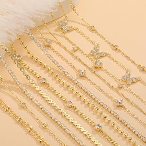RLMOON Gold Silver Anklets for Women CZ Ankle Bracelets 14K Gold Plated | Waterproof Layered Stackable Clover Butterfly Tennis Chain Anklet Non Tarnish Trendy Summer Beach Foot Jewelry - color: Gold anklet A