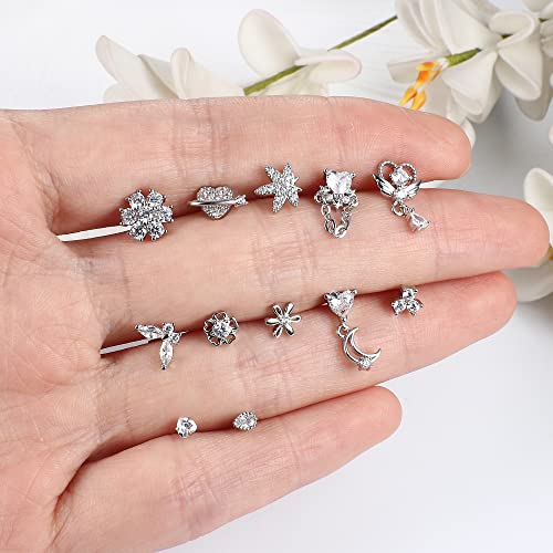 Sanfenly 12 PCS 20G Nose Rings Surgical Stainless Steel, L Shaped Nose Studs for Women Men, CZ Heart Butterfly Flower Leaf Moon Dangle Cute Nose Piercings Studs Screw Jewelry Pink/Purple/Blue/Clear - color: Clear