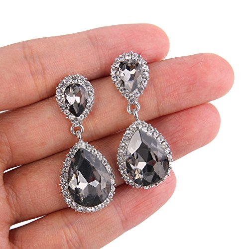 EVER FAITH Women's Austrian Crystal Wedding Tear Drop Dangle Earrings | Bridal Prom Jewelry for Bride Bridesmaid - color: Dark Grey