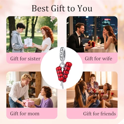 S925 Sterling Silver Cute Bead Charm for Pandora Bracelets and Necklaces | Lucky Clover Cute Animal Pink Bow Cherry Butterfly Pendant Bead Charms Jewelry Making Gifts for Women Valentines Mother's Day - style: Bingtanghulu pendant