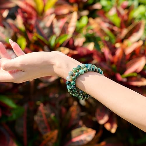 Bivei Natural Crystals Gemstone Healing Stretchy Round Beaded Bracelet | 8MM Semi Precious Beads Bracelet, Handmade Spiritual Jewelry Gift for Women Men,Enhance Positive Energy - color: 8mm Moss Agate & African Turquoise (Peace & Prosperity), size: Small: