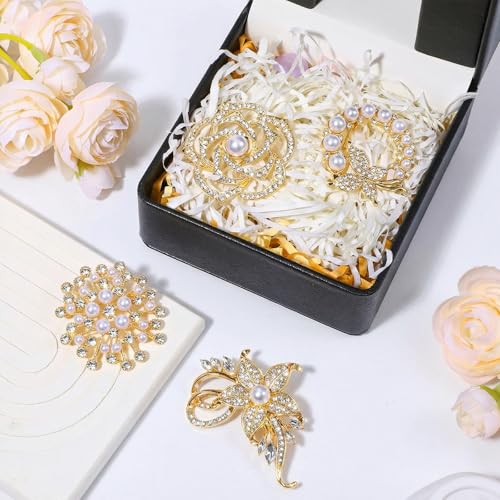 4 PCS Elegant Crystal Pearl Brooch Set | Sparkling Brooch Pins for Blazer, Dress, Coat | Birthday, Wedding Gift for Mom, Teacher, Grandma