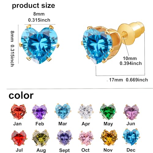 8mm Heart-Cut Birthstone Stud Earrings for Women – 18K Gold Plated Hypoallergenic Cubic Zirconia Earrings, Nickel Free, 12 Months Colors, Everyday Jewelry, Gift for Her, Bridal, Birthday, Christmas - color: 12 Dec Sapphire