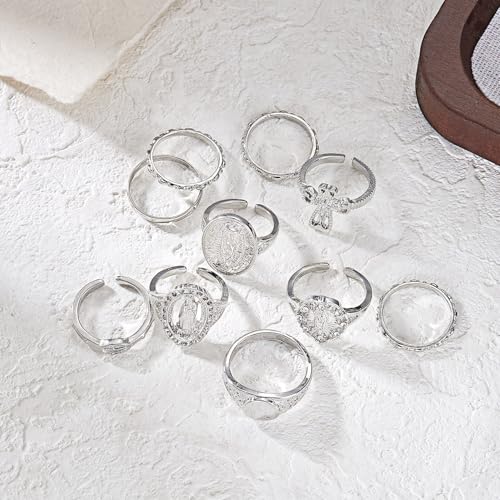 Chunky Gold Rings for Women Rhinestone Stackable Knuckle Ring Set Open Adjustable Statement Ring Set Dainty Crown Cross Midi Rings Fashion Jewelry Gift for Women - color: Silver3