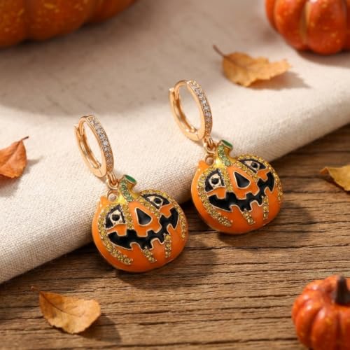 Sonateomber Christmas Tree Dangle Small Gold Hoop Earrings for Women, Cute Sparkly CZ Rhinestone Maple Clover Leaf Drop Earings Thanksgiving Holiday Accessories Fashion Jewelry Gift - color: Halloween Pumpkin