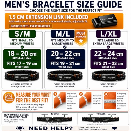 LONDON Mens Bracelet Leather Black Multi-Layer Stone Beads Adjustable Steel Clasp Viking Rope Bands Surfer Man Wristband Male UK Jewellery Gift box Boyfriend Dad Son Brother Tiger Eye - color: B. 19-22cm Black Brown Tiger-Eye Adjustable, size: Medium to L