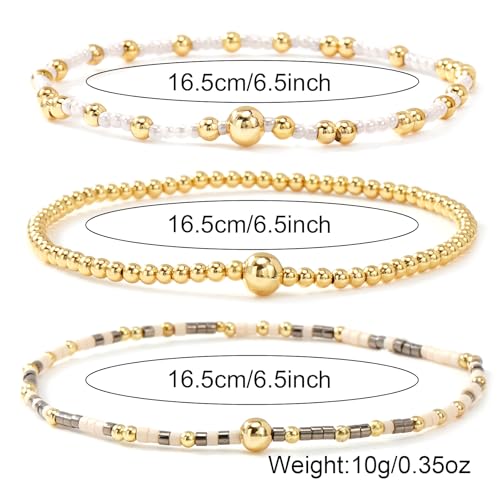 Gold Beaded Bracelet Stack for Women Colorful Small Seed Beads Bracelets Set Boho 14K Gold Plated Ball Stackable Stretch Non-Tarnish Dainty Jewelry Trendy Accessory Friendship Gift - color: khaki and white
