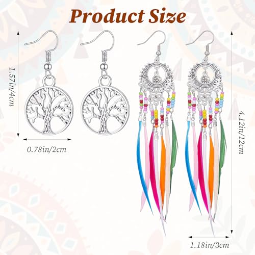 Molain 2Pairs Boho Beaded Feather Earrings for Women, Ethnic Retro Western Tree of Life Beaded Tassel Dangling Earrings Country Jewelry for Birthday Party Gifts