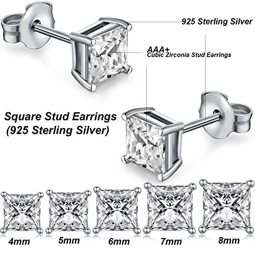 Jiamiaoi 18K White Gold Plated Stud Earrings 925 Sterling Silver Round and Square Cut Princess Cut 5A+ Cubic Zirconia Stud Earrings 4mm to 8mm Fashion Jewelry for Men Women - color: B-Silver-Square, size: 8mm