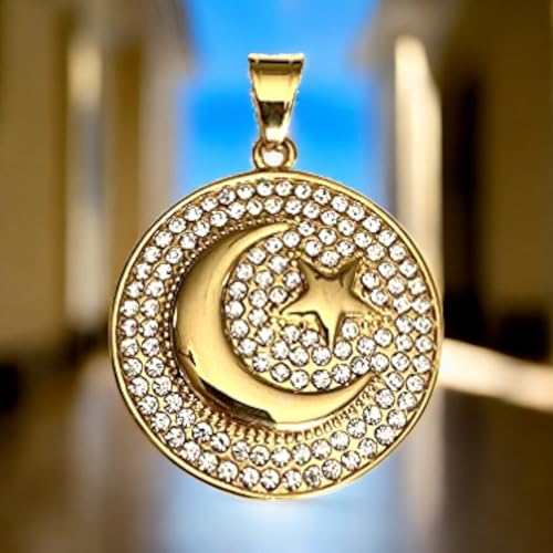 Crescent Moon & Star Pendant Necklace – Men & Women 14k Gold Finish, Iced Out Medallion, 925 Italy Stainless Steel, 2.5mm Rope Chain - size: Pendant Only