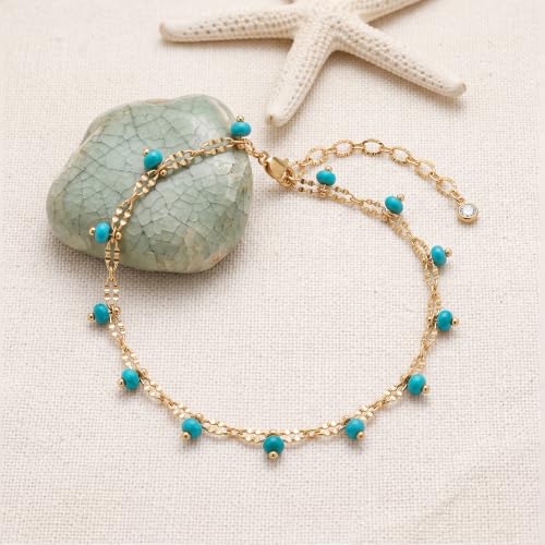 Gold Anklets for Women 14K Gold Plated Tiny Bead Anklet Colorful Tassel Foot Chain Dainty Adjustable Cute Summer Beach Boho Anklets Jewelry Gift - color: turquoise beaded
