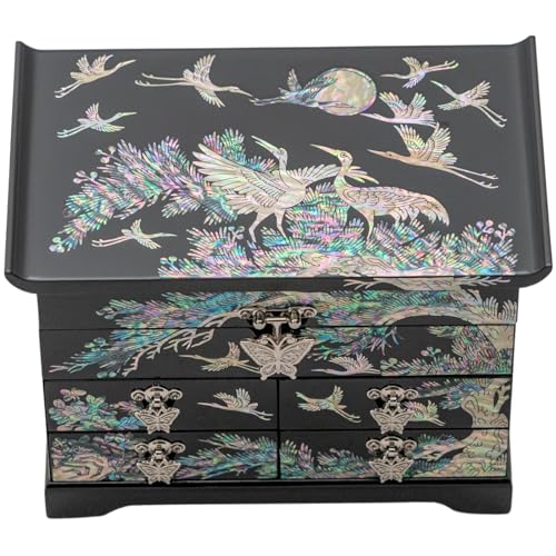 February Mountain Mother of Pearl Wooden Jewelry Organizer Box – Jewelry Storage Box for Women, Features Spacious Drawers, Ideal for Rings, Bracelets, Watches, Chains, Accessories (Crane_Black) - style: Crane_Black