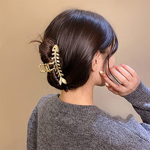 Metal Gold Fishbone Hair Clips Acrylic Large Hair Claw Cross Hairclip Elegant Fish Bone Headband Hairpin Hair Crab Female Lady Nonslip Barrette Hair Accessories for Women Thick or Thin Hairs - color: Gold Fishbone