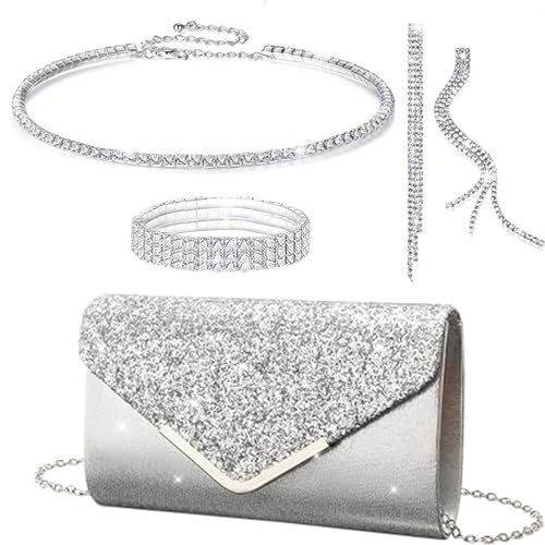YYW 4 Pieces Women Evening Handbags Clutch Purse Bag with Rhinestone Crystal Jewelry Set for Wedding Party - color: Silver