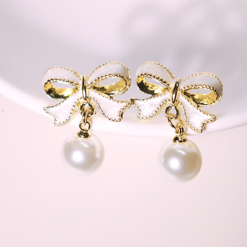 Gold Bow Earrings for Women, Long Tassel Chain Drop Earrings, Trendy Small Bow Earrings, Ribbon Waterfall Dangling Earrings, Pearl Bow Earrings, Sparkly Elegant Bowknot Preppy Jewelry Gifts for Women - color: Gold Bow-L