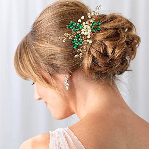 Bridal Emerald Green Crystal Gold Hair Pins Accessories for Prom, Pack of 2 | Fancy Wedding Pearl Green Rhinestone Flower Hair Pieces for Women and Girls