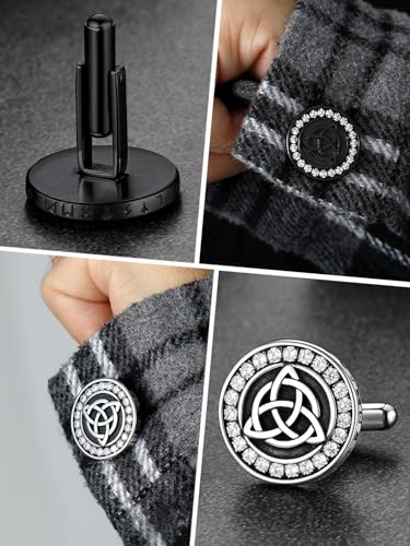 FaithHeart Mens Cufflinks, Norse Viking Tuxedo Shirt Cuff Links, Stainless Steel Cuff Links and Shirt Studs, Gift Box - style: 02. Trinity Celtic CZ-Silver