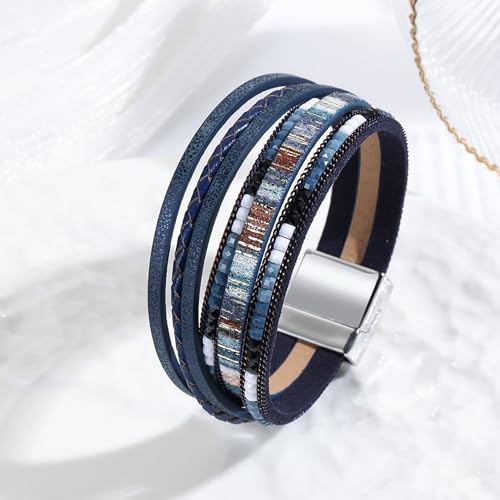 VIBILIA Boho Leather Wrap Bracelets for Women Multi-Layer Bracelets | With Strong Clasp Jewelry for Women - color: 03-BohoBraid-RoyalBlue
