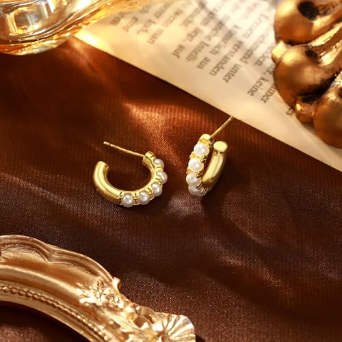 Necocy Chunky Gold Hoop Earrings for Women Non Tarnish, 14k Gold Plated Thick Triple Hoop Earrings Hypoallergenic Trendy Hoops Dainty Jewelry Gifts for Women - style: Simple Pearl C Hoop