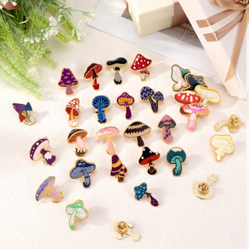 30/60 Pcs Cute Enamel Pins Bulk Plant Flower Animal Halloween Gothic Fall Pumpkin Cartoon Lapel Pin Brooches Jewelry Gift for Backpack Clothes Hats Accessories - style: Mushroom