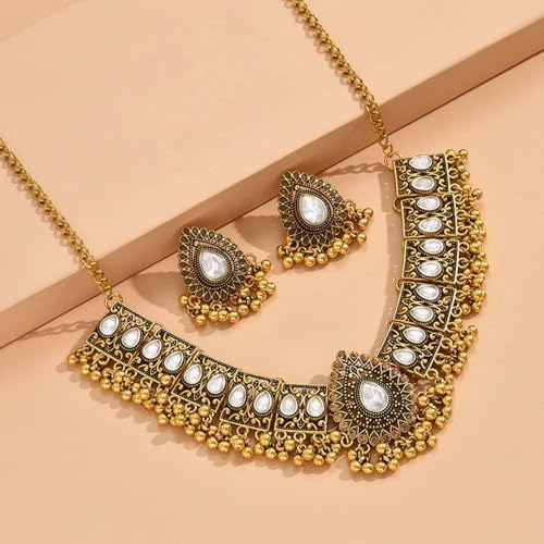 Frodete Indian Jewelry Sets for Women Traditional Bohemian Wedding Jewelry Set Indian Dresses for Women Oxidized Ethnic Party Prom Wear - color: B1:silver indian necklace earring sets