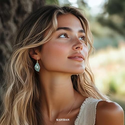 Boho Turquoise Dangle Earrings For Women Trendy,Western Blue Gemstone Drop Earings,Vintage Gothic Ethnic Statement Beach Vacation Long Birthstone Earrings with Leaf Teardrop Turquoise Crystal Tassels,Fashion Jewelry Birthday Gift. - style: A3 Feather Turq