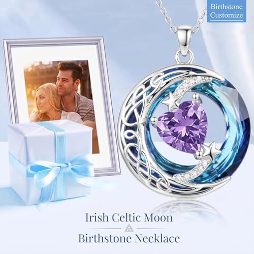 Birthstone Necklace for Women Crystal Moon and Star Pendant White Gold Celtic Moon Jewelry Birthday Graduation Gifts for Wife Her - style: Moon-2