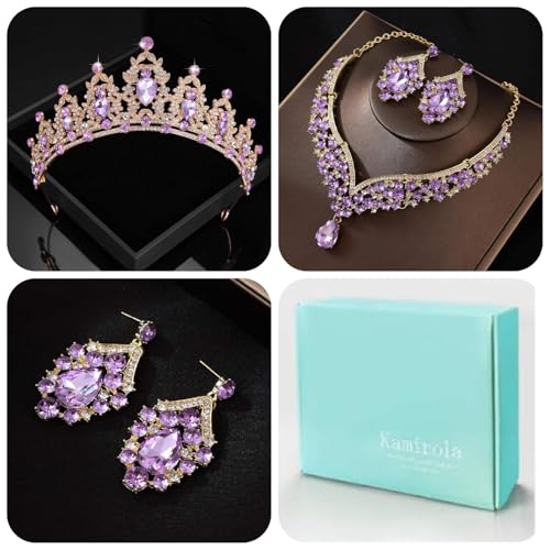 Kamirola Bridal Wedding Tiara Crown Jewelry Set for Women/Brides/Bridesmaids Crystal Jewelry Set for Wedding Prom Party Bridal Crystal Necklace Earrings Bracelet Set(TR60) - color: Gold Purple