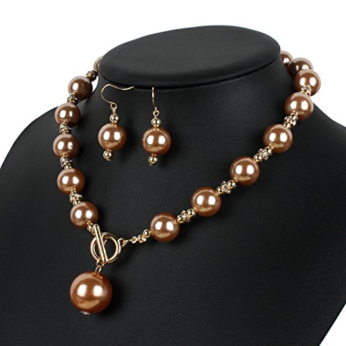 COLORFUL BLING Chunky Multicolor Simulated Pearl Choker Necklace Drop Dangle Earrings Bracelet Set Crystal Bib Big Large Round Beaded Strand for Women Brides Costume Statement 1920s Wedding Jewelry - color: Champagne