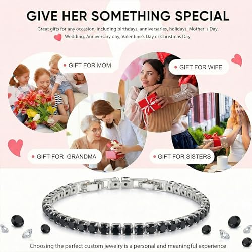 HEEYA Birthstone Silver/Gold Plated Tennis Bracelets, Adjustable 4mm CZ Tennis Bracelets for Women, Fashion Jewelry Wedding Gift Size 6.8 inch+1 inch Extender - color: Black White Gold