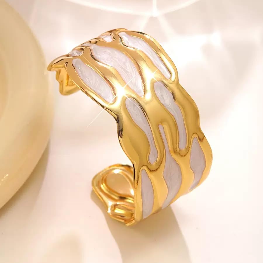 18K Gold Plated White Enamel Cuff Bracelet for Women - color: wave