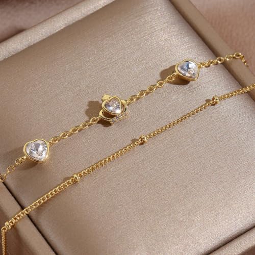 16K Gold Plated Bracelets Set for Women - Dainty Layered Adjustable Hand Chain Bracelet with Cubic Zirconia, Cute Jewelry Gift for Her, Waterproof Hypoallergenic - color: Crown