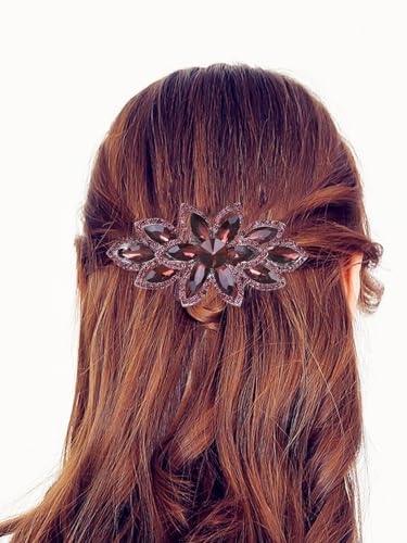Floral Rhinestone Hairpin Luxury Crystal Flower Hair Barrette Clip (Red-Purple) - color: Red-Purple