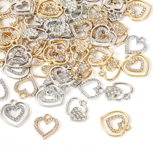 Elecrelive Crystal Heart Charms Rhinestone Heart Pendants Valentine Charms for Necklace Bracelet Earring Wedding Jewelry - color: Gold Silver, 60pcs