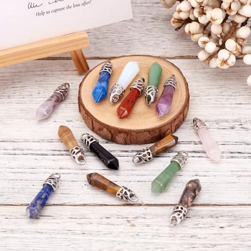 20Pcs Bullet Shape Gemstone Pendants Natural & Synthetic Random Mixed Hexagonal Chakra Crystal Pointed Quartz Charm with Platinum Alloy Loop 33~40x8~9mm for Necklace Earring Bracelet Making - color: 3-Mixed Color-Bullet