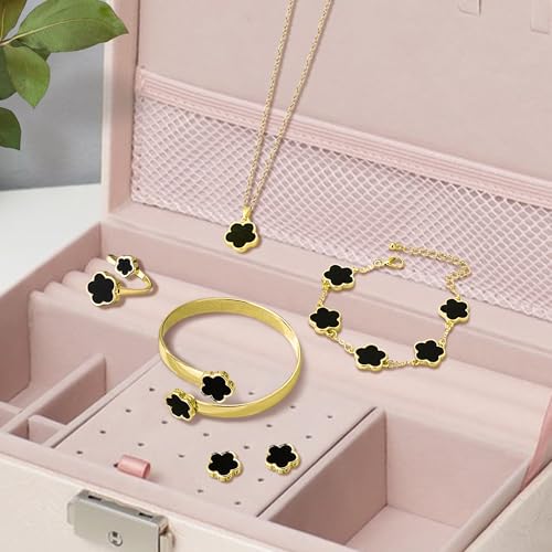 Lucky Flower Alloy Jewelry, Lucky Flower Design Necklace Earrings Bracelet Bangle Ring Jewelry Set, Clover Gold Plated Chain Wrap Ornament & Plush Pouch for Women - color: Black