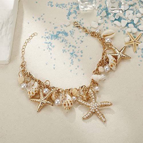 RUOFFETA Shell Starfish Necklace Bracelet Conch Statement Chunky Necklace Mermaid Costume Jewelry Beach Jewelry for Women - style: Anklet Gold