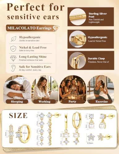 MILACOLATO 5 Pairs 925 Sterling Silver Earrings for Women Trendy Ear Stacks | 14K Gold Plated Stud Huggie Hoop Earrings Set Hypoallergenic CZ Pearl Dangle Earring Prom Bridal Bridesmaids Wedding Jewelry - color: Gold - 2 Pairs of Pearl Earrings + 3 Pairs