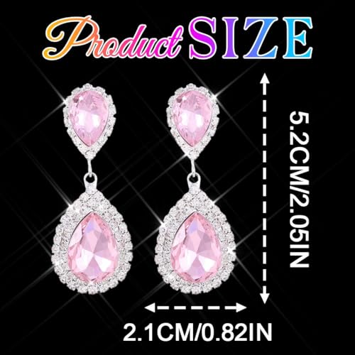 Unicra Silver Rhinestone Teardrop Earrings Crystal Wedding Bridal Dangle Earrings Prom Drop Earrings for Women and Brides - color: Pink