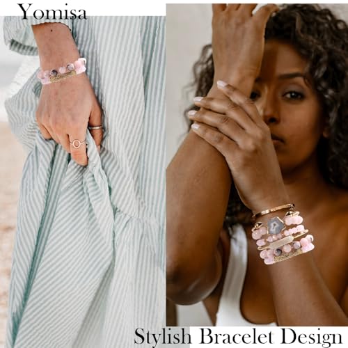 Yomisa 5PCS 6PCS Natural Boho Beaded Bracelets/Bangle for Women Men,Healing Turquoise Jasper Agate Crystal Gemstone Stone Chakra Multilayer Wrap Bohemian Handmade Jewelry Beads Stretch Bracelet Set - color: 6PCS-Pink