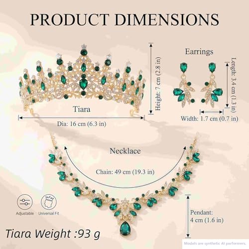 Kamirola Tiaras and Crowns for Women,Tiaras Earrings Necklace, Crystal Bridal Jewelry Set, Costume Jewelry for Women Party Halloween Prom Pageant - color: GOLD GREEN
