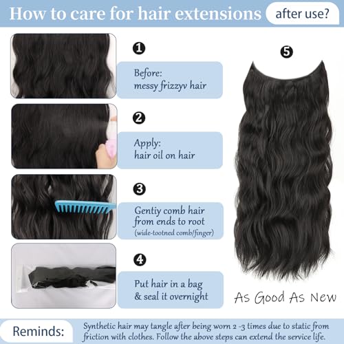 Natural Black Halo Hair Extensions 20 Inch Synthetic Hair for Women | Wavy Texture with Invisible Wire and 4 Secure Clips for Easy Daily Styling Party Wear and Added Length - color: Black
