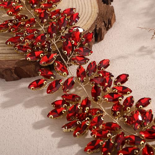Missgrace Women Silver Green Black Red Blue Handmade Full Crystal Rhinestone Large Headband Hair Vine Shinny Headpiece Bridal Wedding Hair Accessories for Women (Red) - color: Red