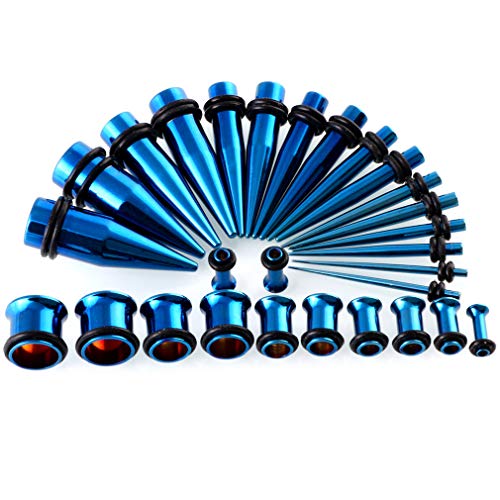 36pcs Ear Stretching Kit 14G-00G Surgical Steel Tapers Tunnels Gauges Set for Starter Women and Men Expanders Body Piercing Jewelry - color: Blue