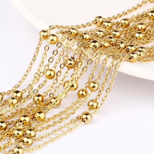 33FT 2mm Gold Satellite Bead Chains Roll Bulk for Jewelry Making Necklace | 18K Gold PVD Plated 304 Stainless Steel Ball Beaded Link Chains Spool for DIY Craft - color: Gold Big Beads Satellite Cable Chain
