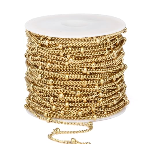 33FT 2mm 18K Gold Plated Satellite Curb Chains Roll Bulk for Jewelry Making | 304 Stainless Steel Gold Ball Beaded Twisted Link Satellite Chain Spool for DIY Craft - color: Gold Small Beads Satellite Curb Chain