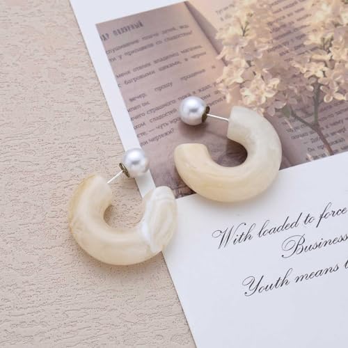Chunky Acrylic Hoop Earrings White Resin Open Circle Hoop Earrings Round Pearl Studs Thick Acrylic C Shape Earring Pearl Front Back Earring Jewelry for Women - color: White