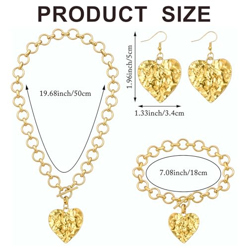 Kingdder 4 Pcs 14k Gold Plated Chunky Gold Heart Jewelry Set for Women Hammered Necklace Bracelet Earrings Set Bold Chunky Heart Pendant Trendy Statement Summer Beach Jewelry Gifts