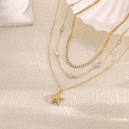 Shell Starfish Charm for Women, Dainty Layered 14K Gold Plated Seashell Conch Starfish Pearl Pendant Necklace for Women Stack Trendy Beach Cuban Link CZ Chain Necklace Summer Vacation Jewelry - color: 3PCS / Starfish & CZ Chain & Cuban